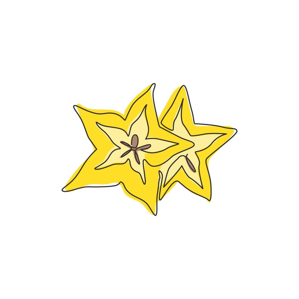 dibujo de una sola línea continua de carambola orgánica saludable para la identidad del logotipo de huerto. concepto de fruta de estrella fresca para el icono del jardín. Ilustración de vector de diseño gráfico de dibujo de una línea moderna