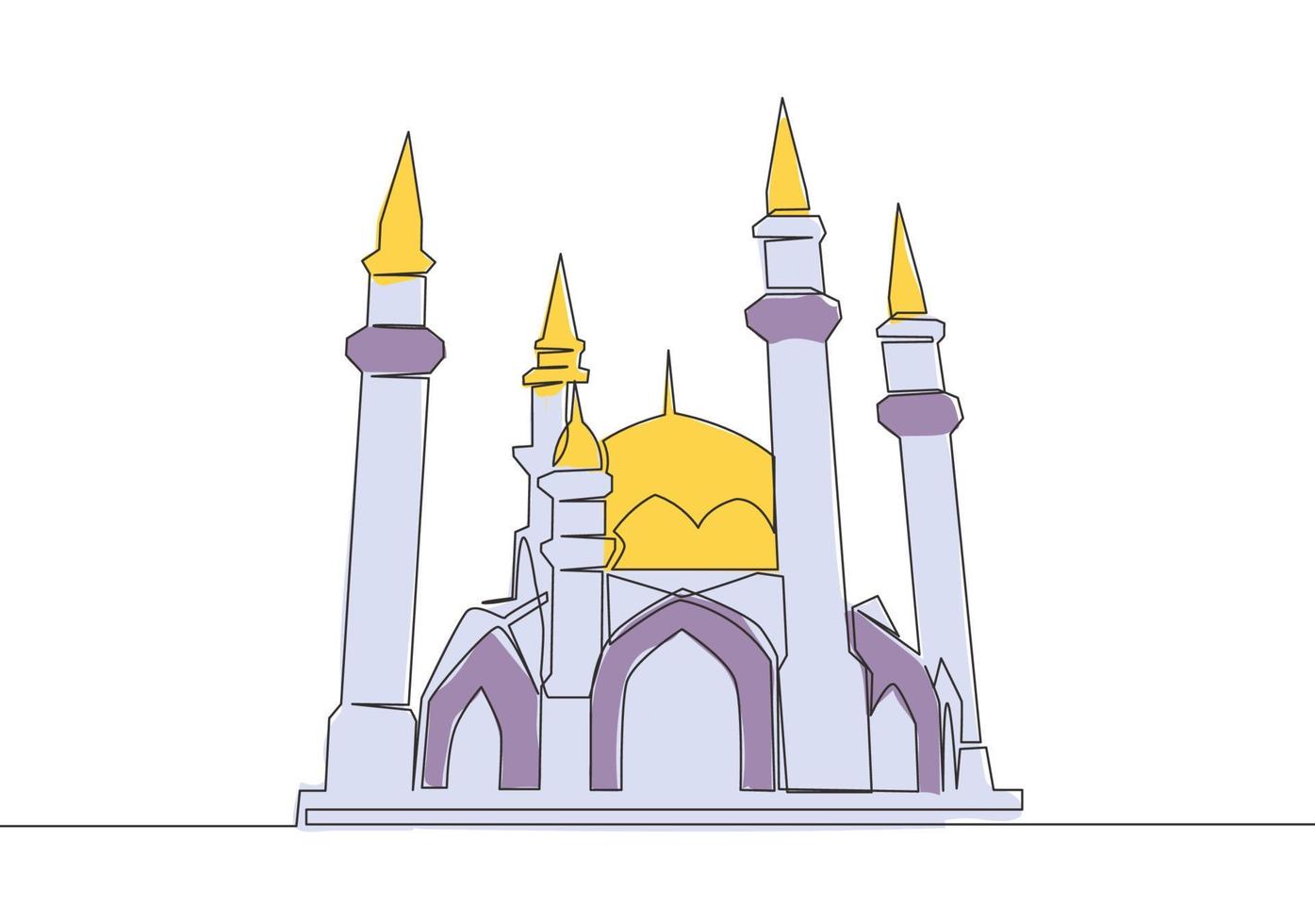 uno soltero línea dibujo de histórico Hazme punto de referencia mezquita o mezquita. santo sitio a oración para islam personas concepto continuo línea dibujar diseño vector ilustración