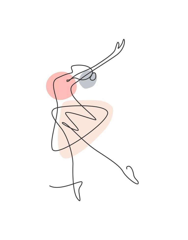 One continuous line drawing woman beauty ballet dancer in elegance motion. Minimalist sexy girl ballerina performs dance concept. Wall decor print. Single line draw design graphic vector illustration