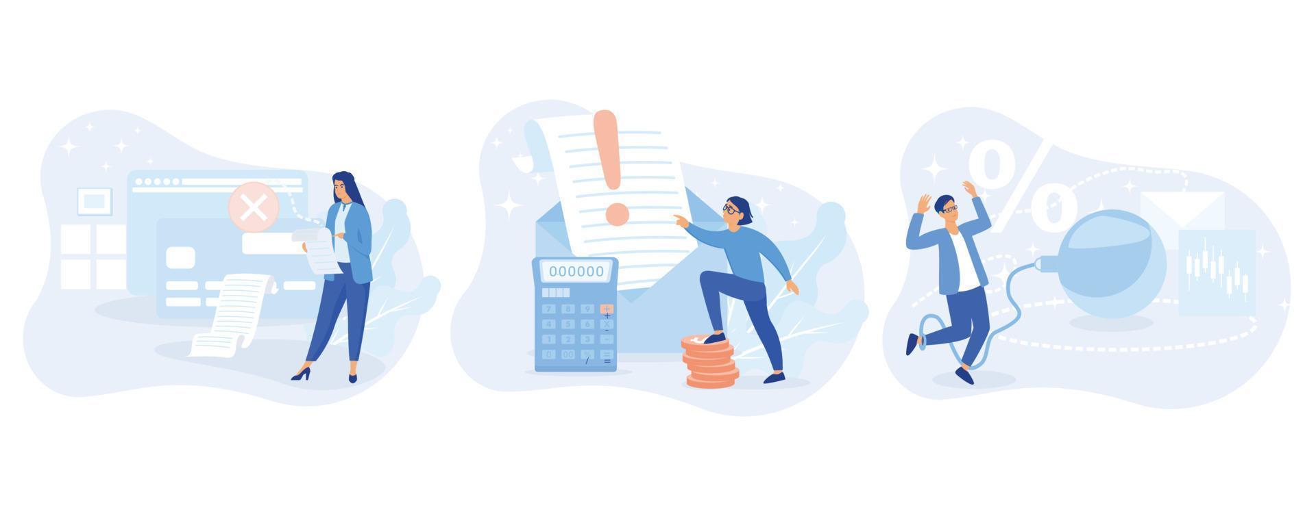 Characters having financial problems, debts and loans. People holding long bill, reading letter from collection agency and carrying debt.set flat vector modern illustration