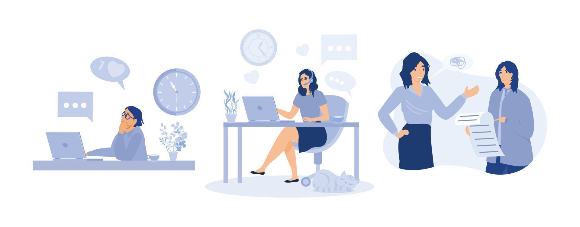 Home office concept woman working from home, student or freelancer. set flat vector modern illustration