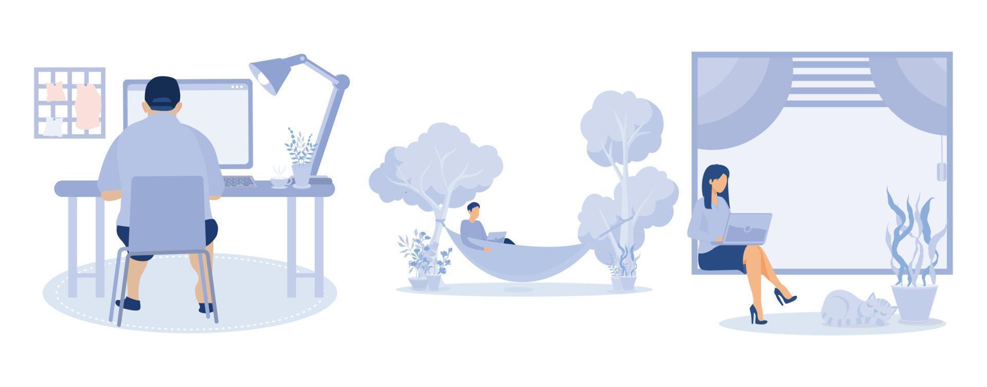 Working at home, coworking space, concept illustration. Young people, man and woman freelancers working on laptops and computers at home. vector