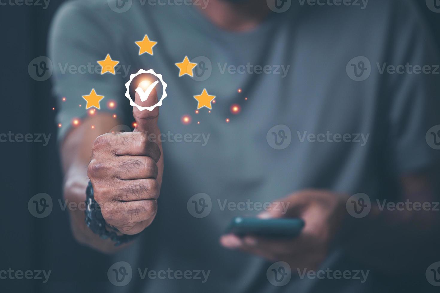 Customer experience satisfaction concept. customer hand with thumb up check mark icon and five star with copy space. Best Excellent Services Rating for Satisfaction. photo