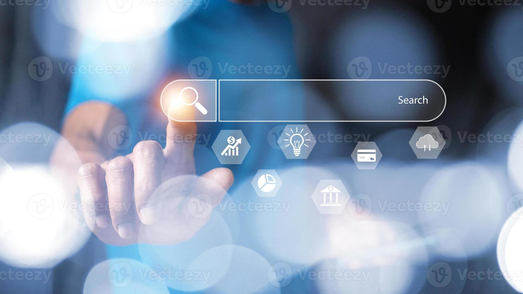 Businessman showing Search Bar On Virtual Screen, Data Search Technology Search Engine Optimization. Man use smart phone to Searching for information. Using Search Console with your website. photo