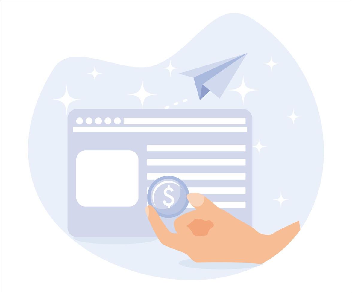 Paid media or pay per click advertising, businessman marketer push money coin into mouse pointer to click to website. Flat vector modern illustration