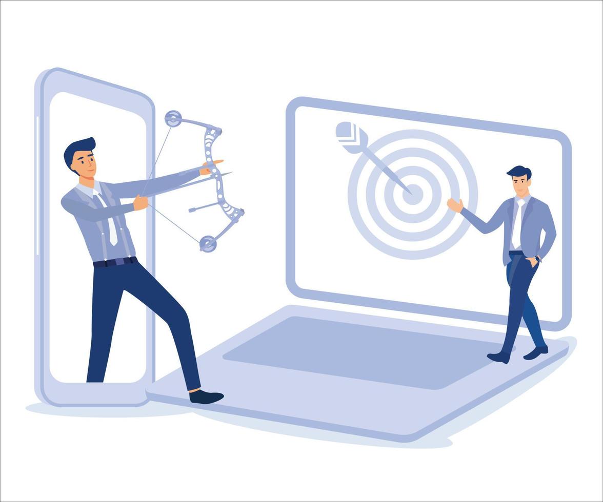Remarketing or behavioral retargeting in digital advertising, businessman from mobile app aiming target and other computer laptop.Flat vector modern illustration