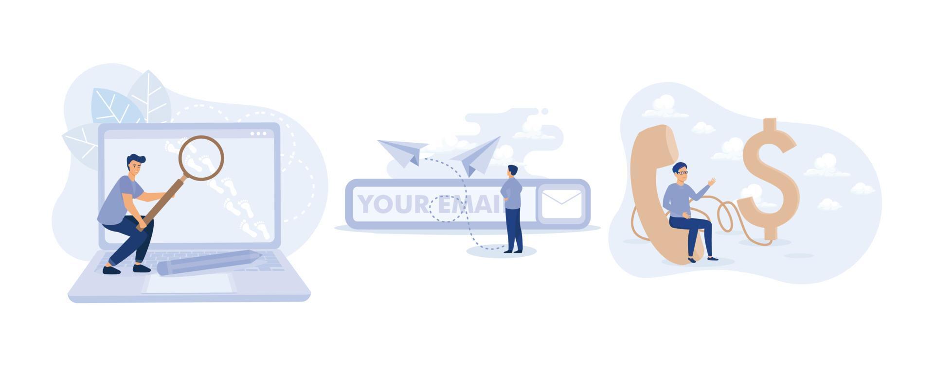 Website visitor tracking or digital footprint, online communication, Telemarketing or telesales, set flat vector modern illustration