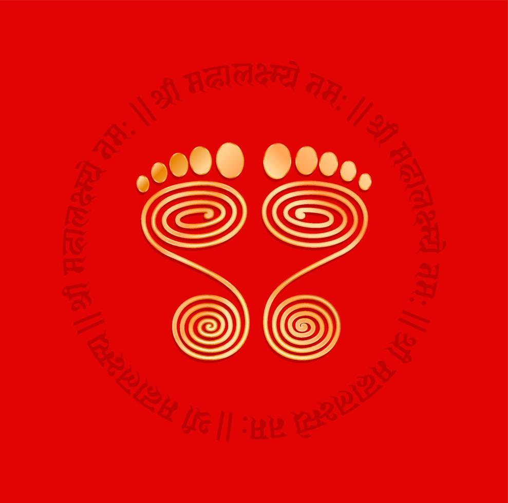 Golden footprints of Mahalaxmi with a mantra. Lord Laxmi footprints. vector