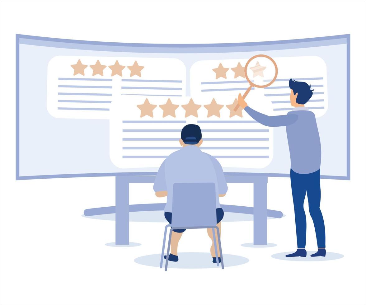 Reputation management team monitor online feedback rating to improve brand positive rank and gain customer trust concept,  Flat vector modern illustration