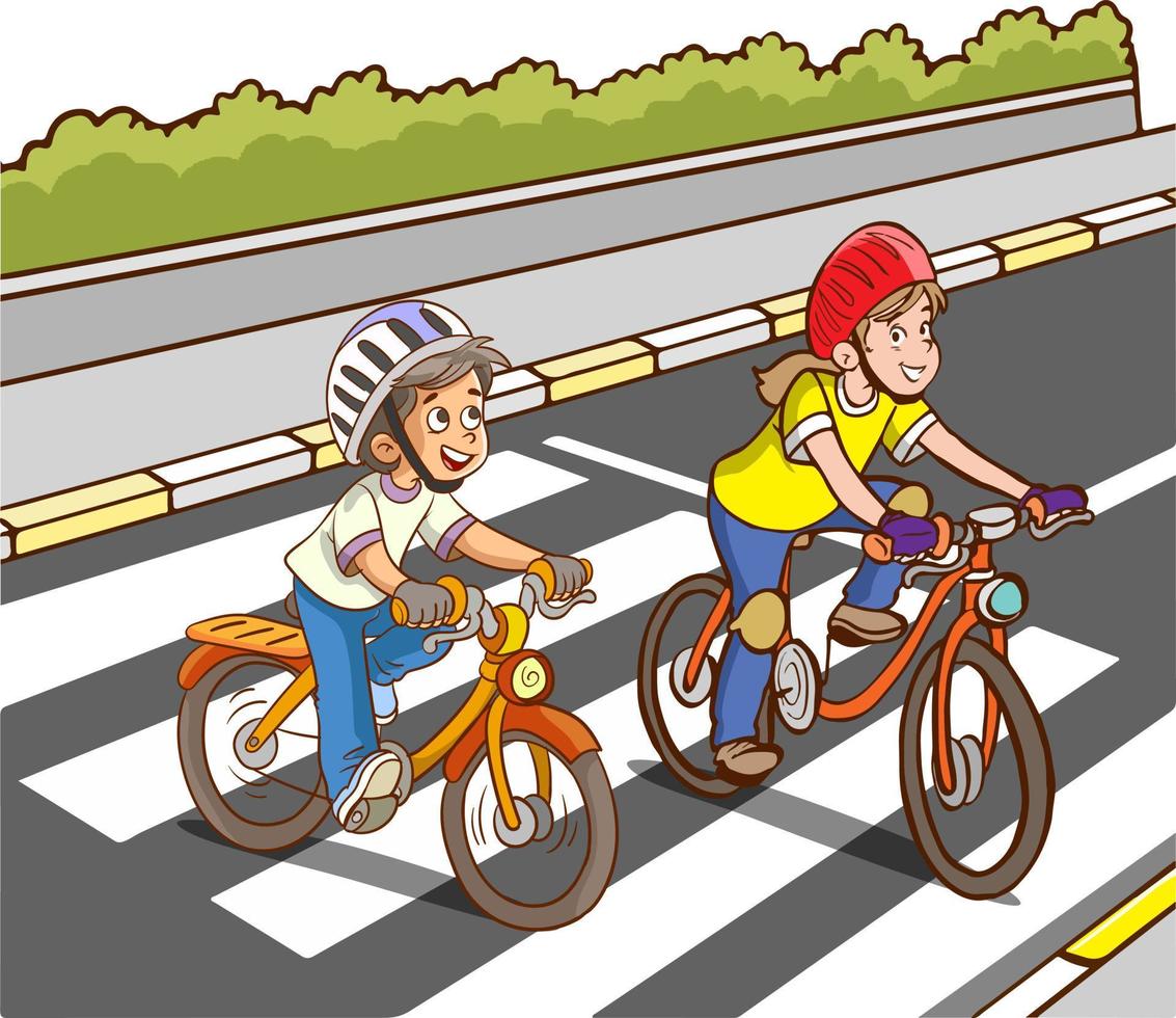 niños con bicicletas cruce el peatonal cruce dibujos animados vector