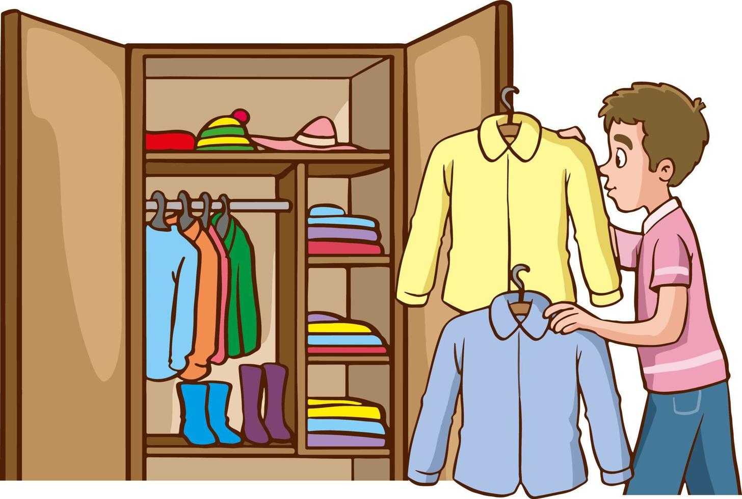 The man is cleaning the house, putting clean clothes in the closet. A young man is holding a shirt. Vector flat illustration isolated on a white background.