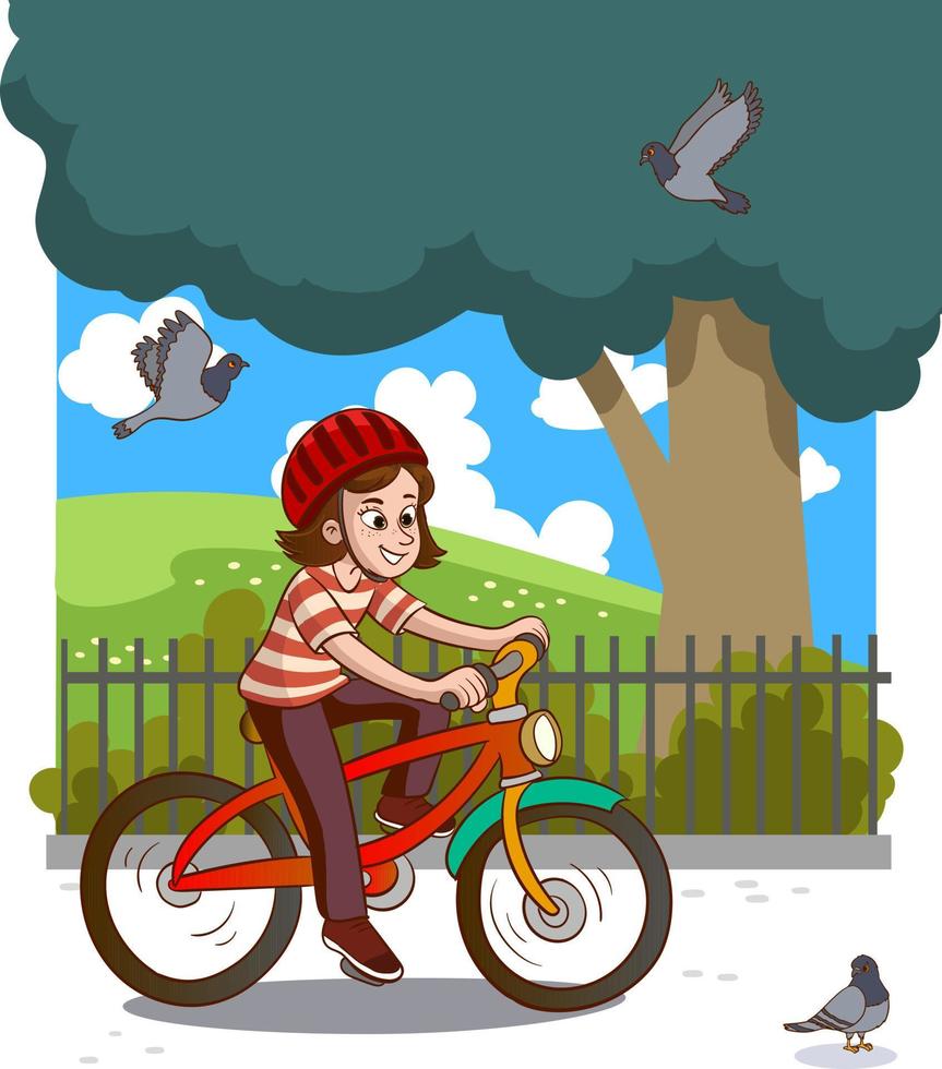 girl riding a bike in the park vector