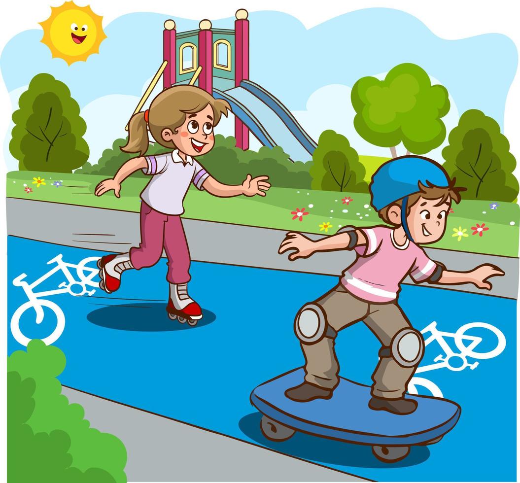 niños ciclismo y patinar el bicicleta camino dibujos animados vector