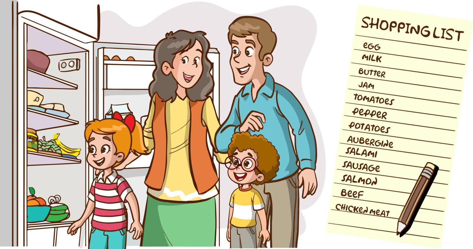 family looking at missing foods in fridge and making shopping list cartoon vector