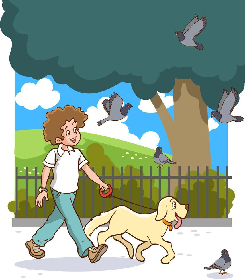 chico caminando el perro en el parque dibujos animados vector