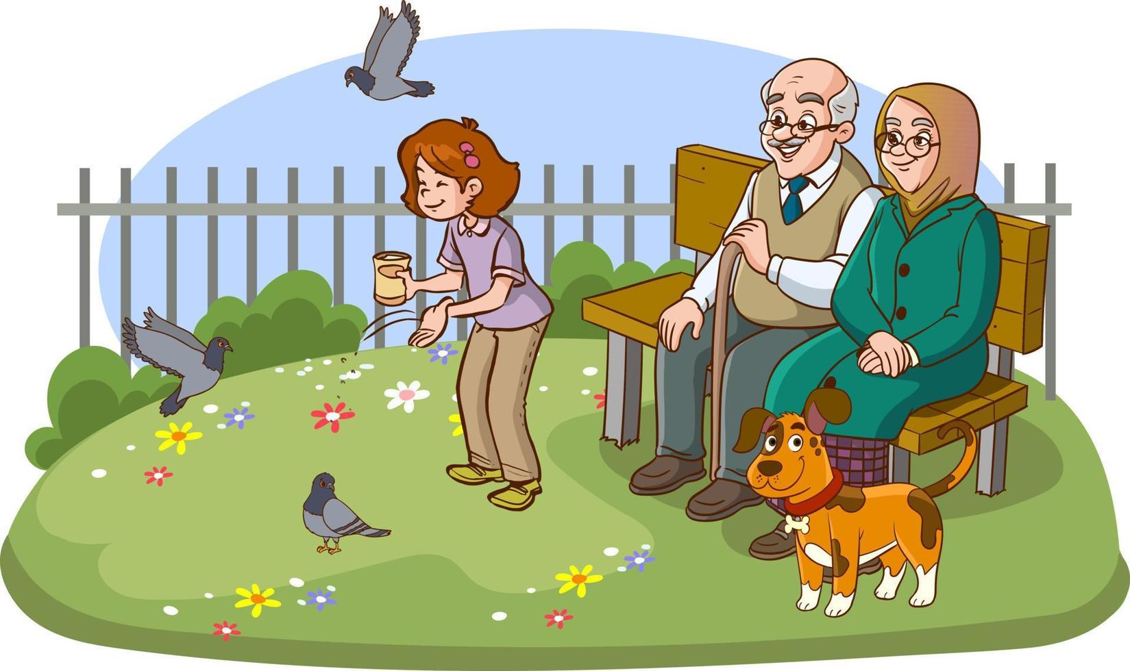 niños alimentación aves en parque con abuelos vector