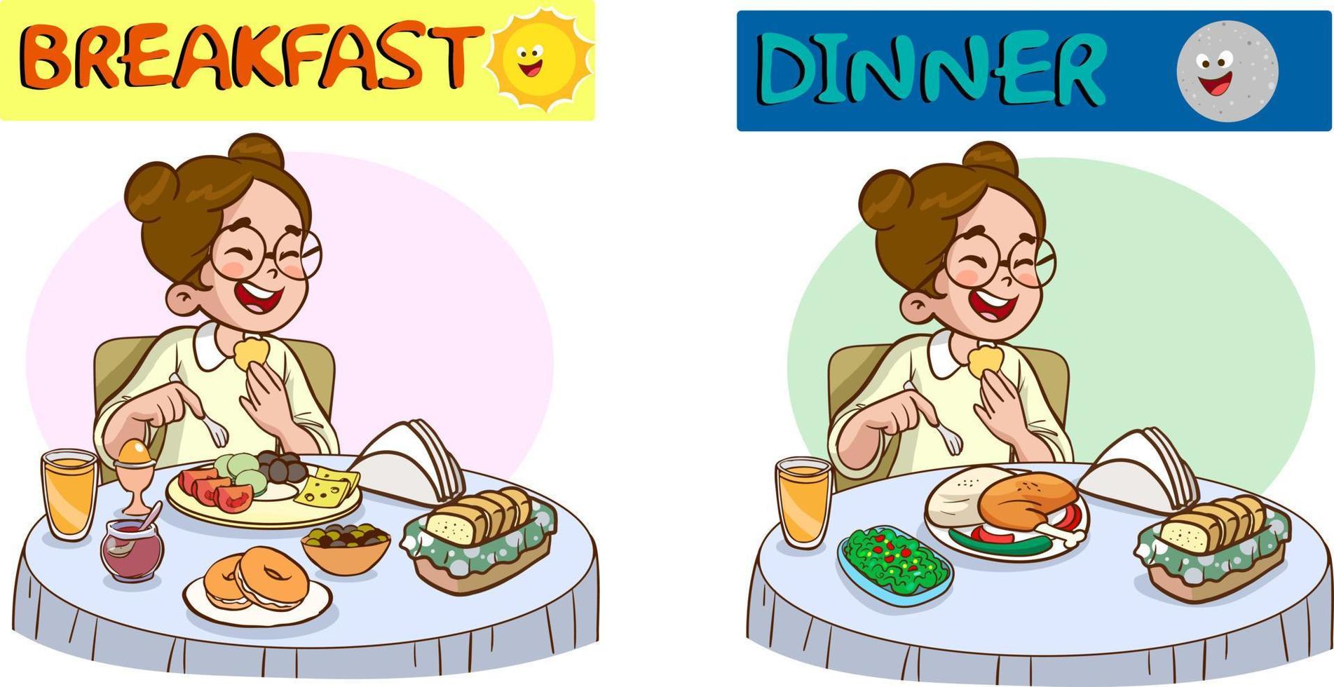 children having breakfast and dinner cartoon vector