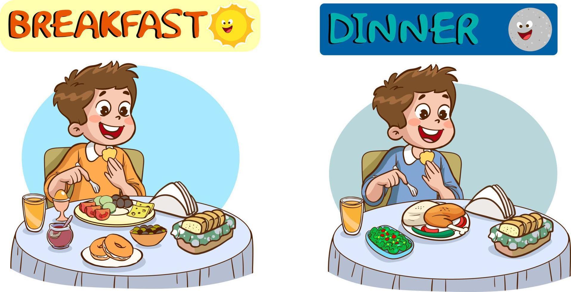 niños teniendo desayuno y cena dibujos animados vector