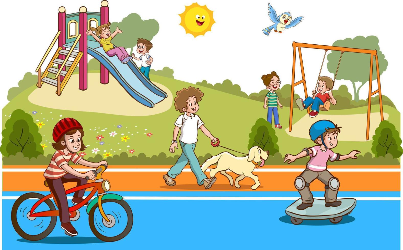 ilustración vectorial de niños felices jugando en el patio de recreo vector