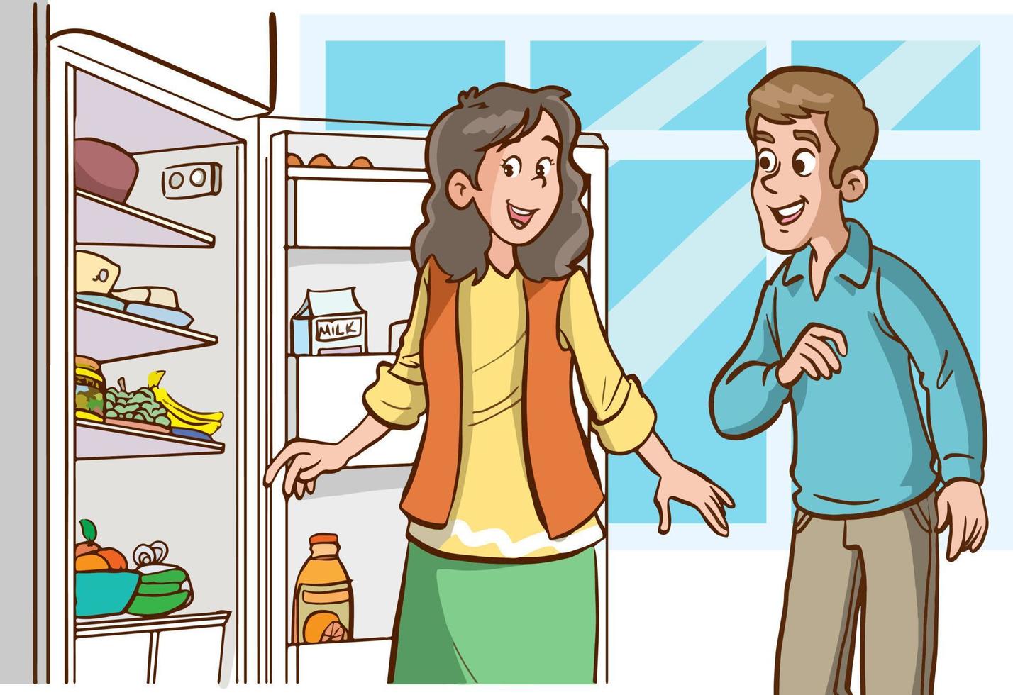 family looking at food with the refrigerator door open vector