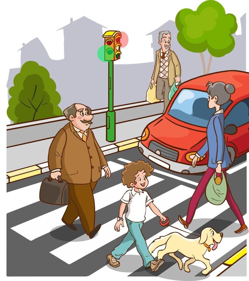 People on street. Pedestrian crossing road on crosswalk with street lights cartoon vector