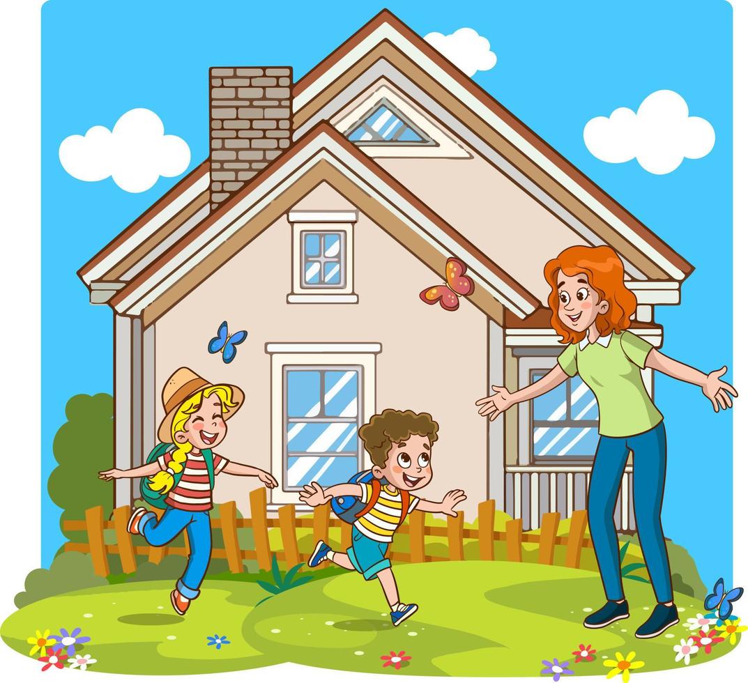 linda niños viniendo hogar desde colegio corriendo y abrazando su mamá dibujos  animados vector ilustración 20291044 Vector en Vecteezy
