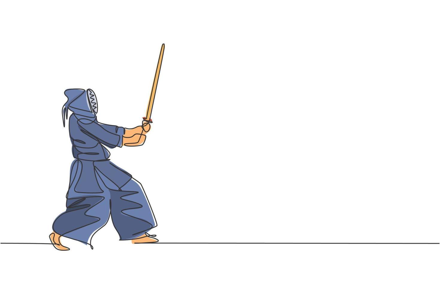 un dibujo de una sola línea joven enérgico ejercicio habilidad de kendo de defensa con espada de madera en el centro de gimnasio ilustración gráfica vectorial. concepto de deporte de lucha combativa. diseño moderno de dibujo de línea continua vector