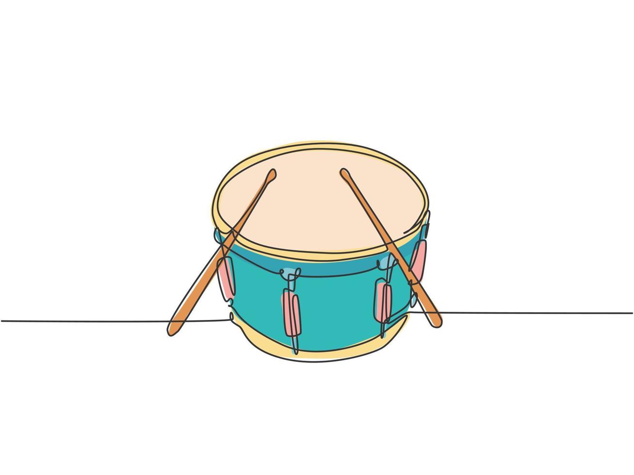 One single line drawing of little drum with drum sticks. Percussion music instruments concept. Dynamic continuous line draw design graphic vector illustration