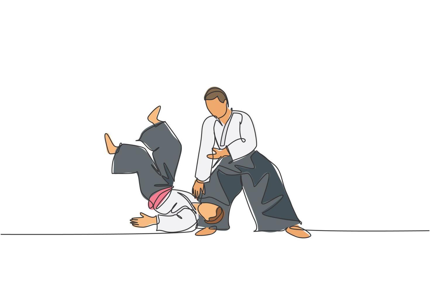 Single continuous line drawing of two young sportive men wearing kimono practice throwing in aikido fighting technique. Japanese martial art concept. Trendy one line draw design vector illustration