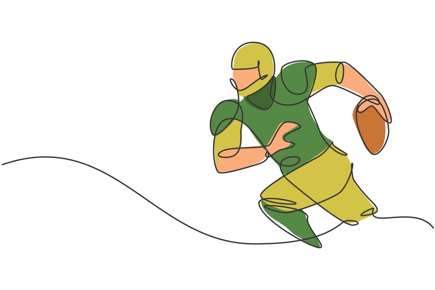 Single continuous line drawing of young agile man american football player running while hold the ball for competition media. Sport exercise concept. Trendy one line draw design vector illustration