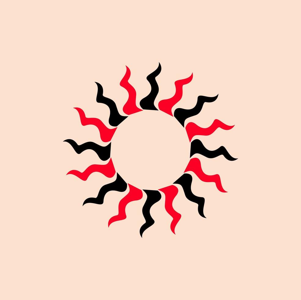 Sun vector illustration with red and black colors. Long Petals sun symbol. Surya icon.