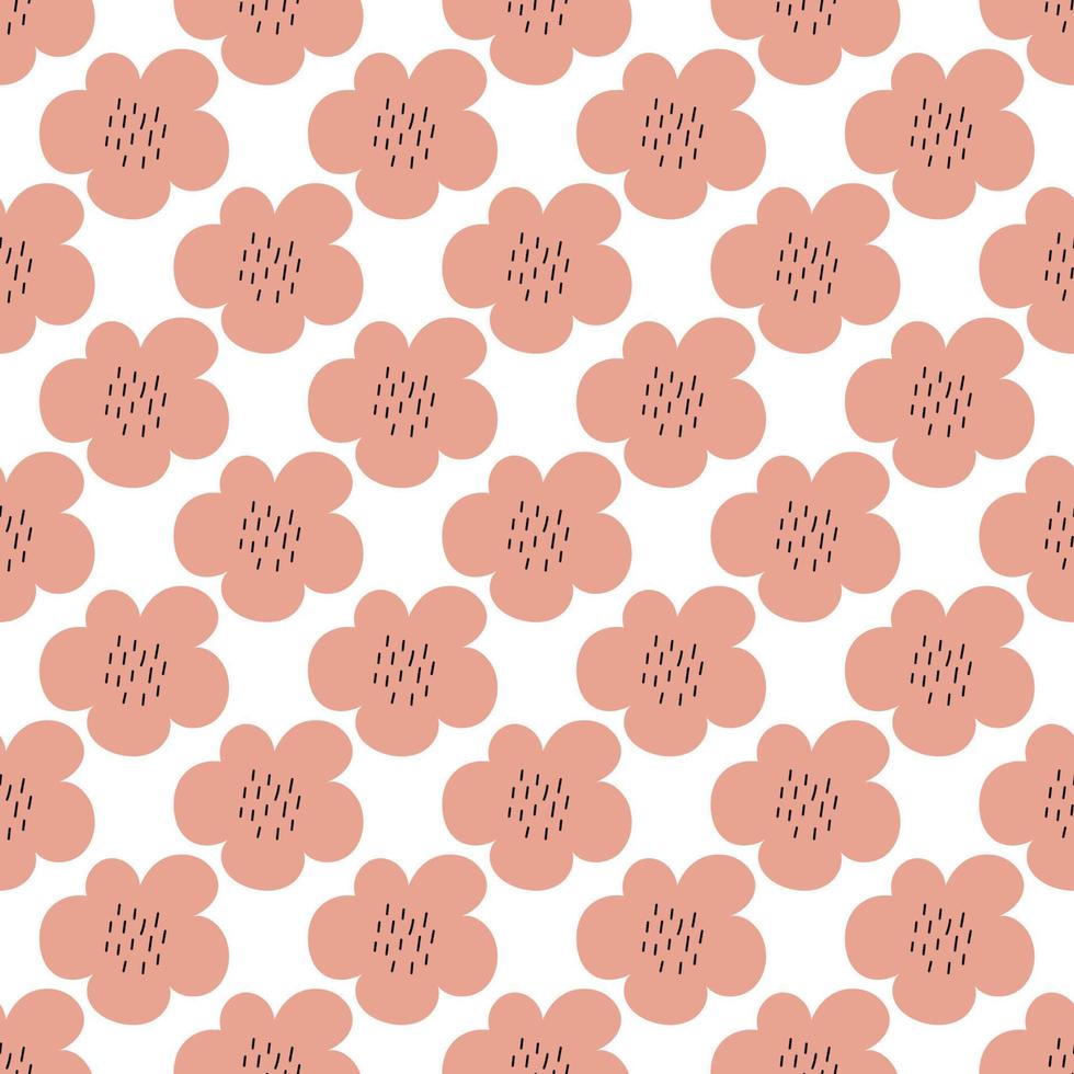 Floral seamless vector pattern with flowers. Spring flora. Simple hand-drawn kids style. Pretty ditsy for fabric, textile, wallpaper. Digital paper in white background