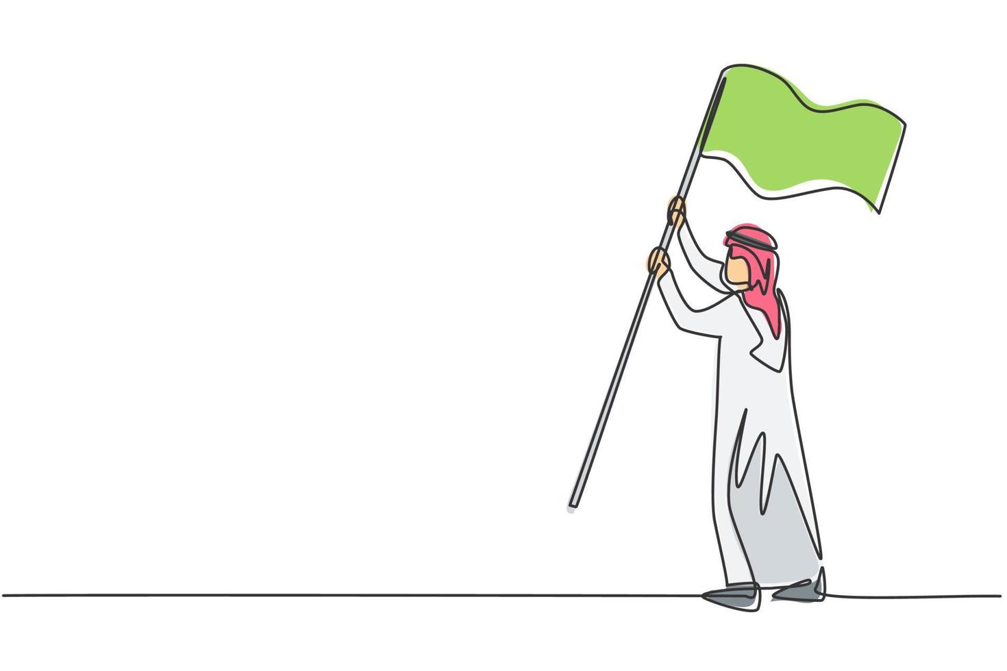 dibujo de una sola línea del joven empresario árabe sosteniendo la bandera ganadora como objetivo de logro. concepto de metáfora mínima de misión empresarial. Ilustración de vector gráfico de diseño de dibujo de línea continua moderna