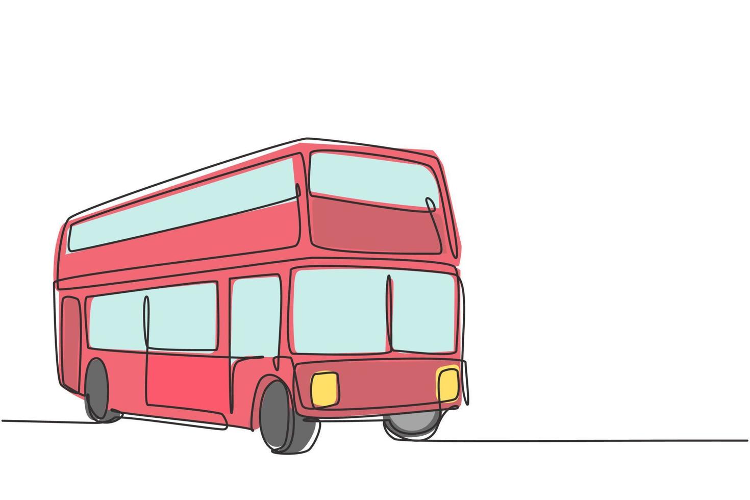 Los autobuses de dos pisos de dibujo continuo de una línea llevan a los turistas por la ciudad para disfrutar del paquete turístico de la ciudad vieja. un prometedor negocio de transporte. Ilustración gráfica de vector de diseño de dibujo de una sola línea.