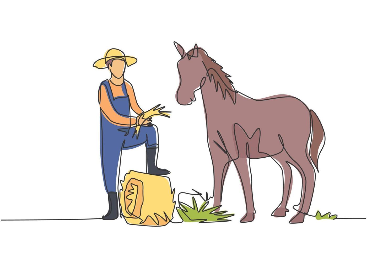 Single continuous line drawing young male farmer stomped one of its feet into the curled hay as it was about to feed the horse. Minimalism concept. One line draw graphic design vector illustration.