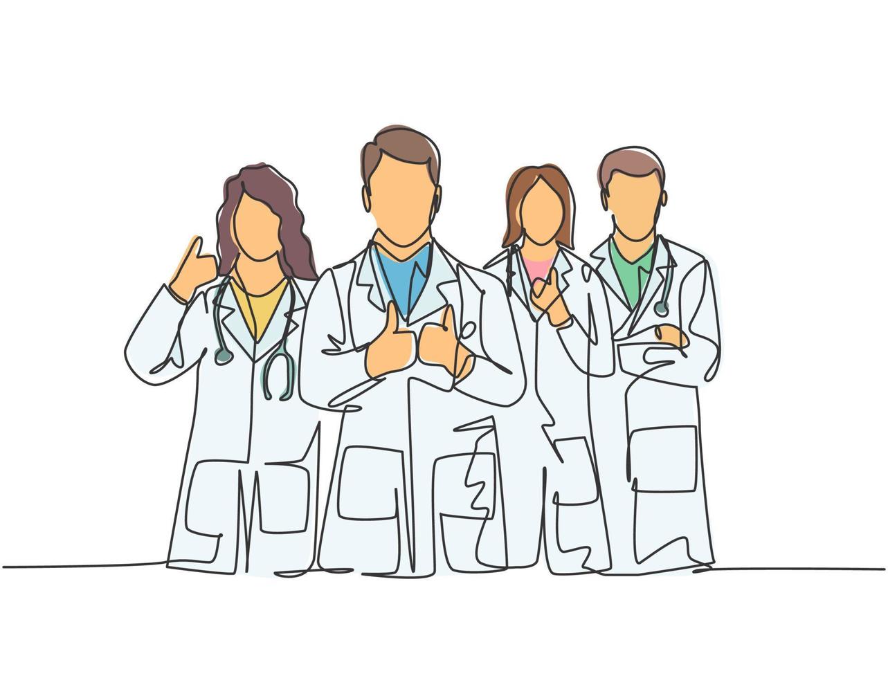 One line drawing of groups of young male and female doctors giving thumbs up gesture as service excellence symbol. Medical team work concept. Continuous line draw design vector illustration