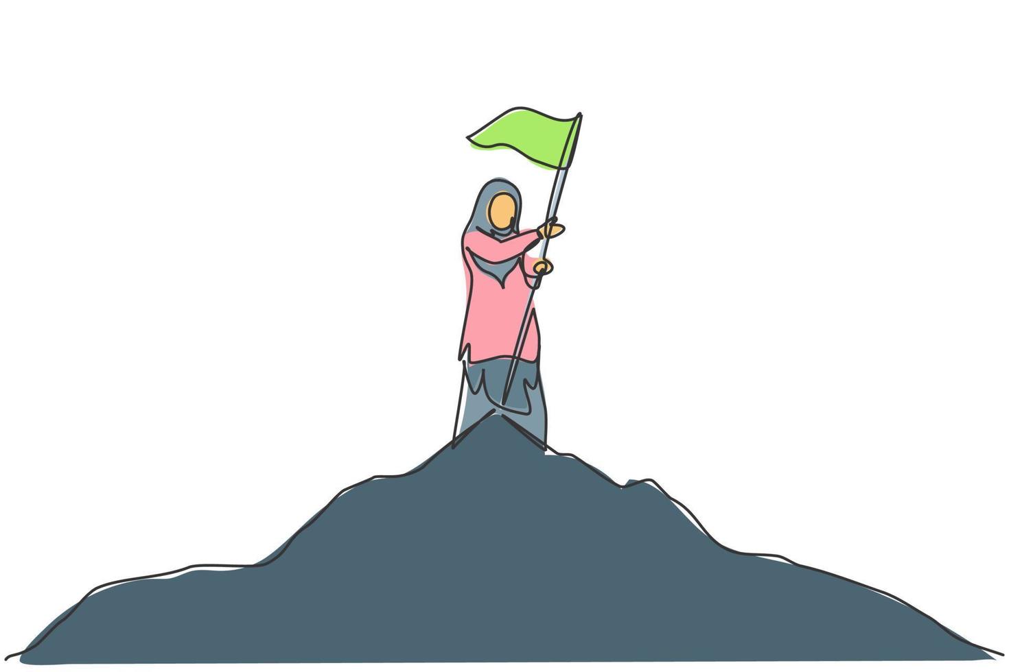 Continuous one line drawing young Arabic female worker planted success flag on the top of mountain. Business manager minimalist concept. Trendy single line draw design vector graphic illustration