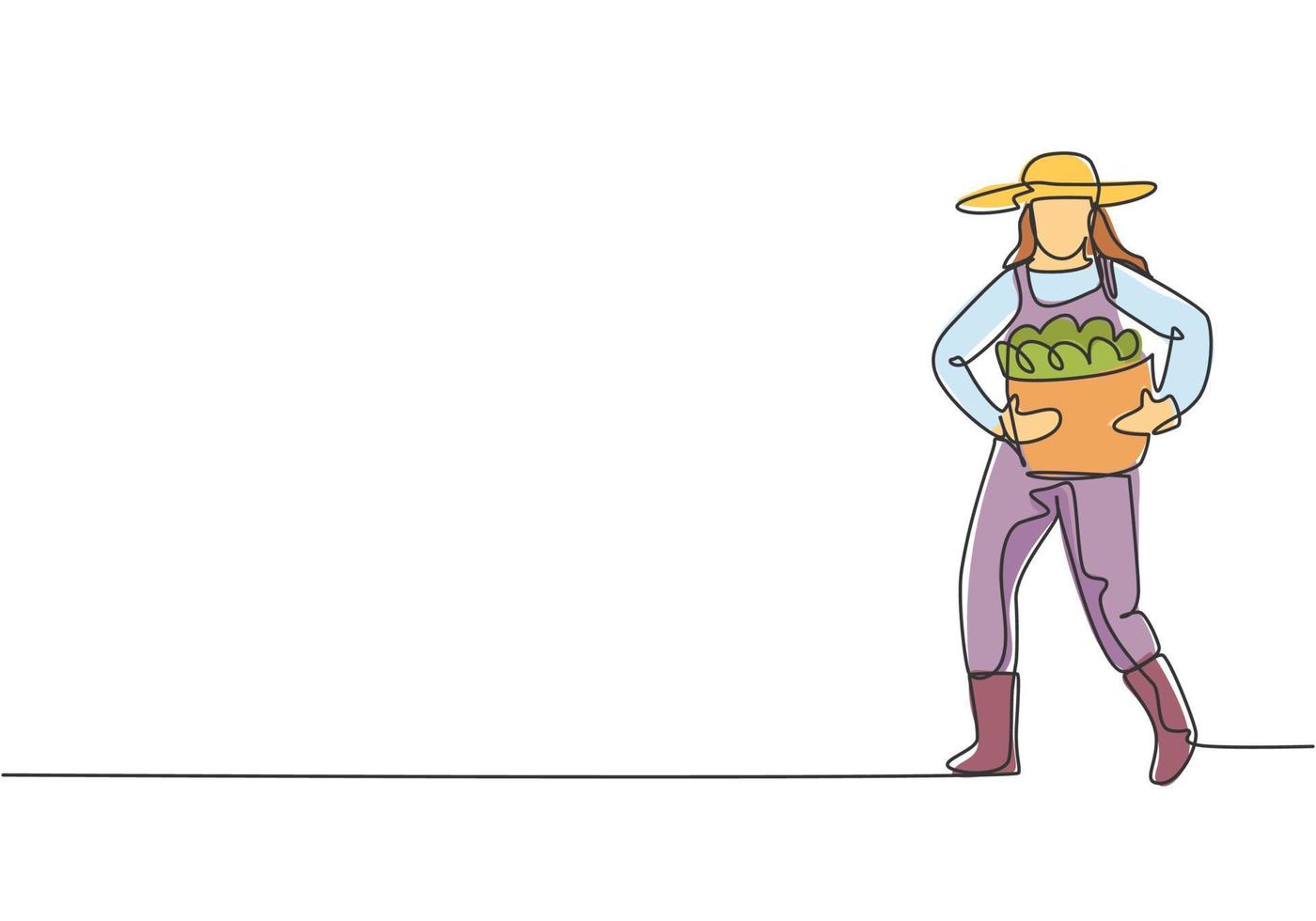 Single continuous line drawing young female farmer carrying a basket full of fruit with her hands in front of her chest. Minimalism concept. Dynamic one line draw graphic design vector illustration.