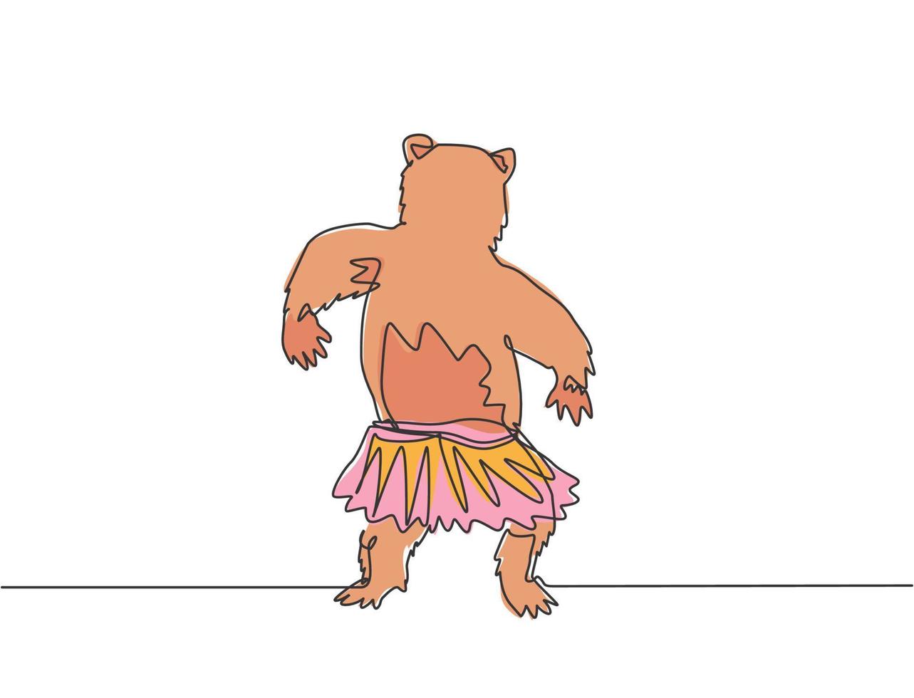 Una línea continua dibujando un oso baila linda mientras está de espaldas a la audiencia. compañía de circo que viaja con animales como osos, elefantes, leones. Ilustración gráfica de vector de diseño de dibujo de una sola línea.