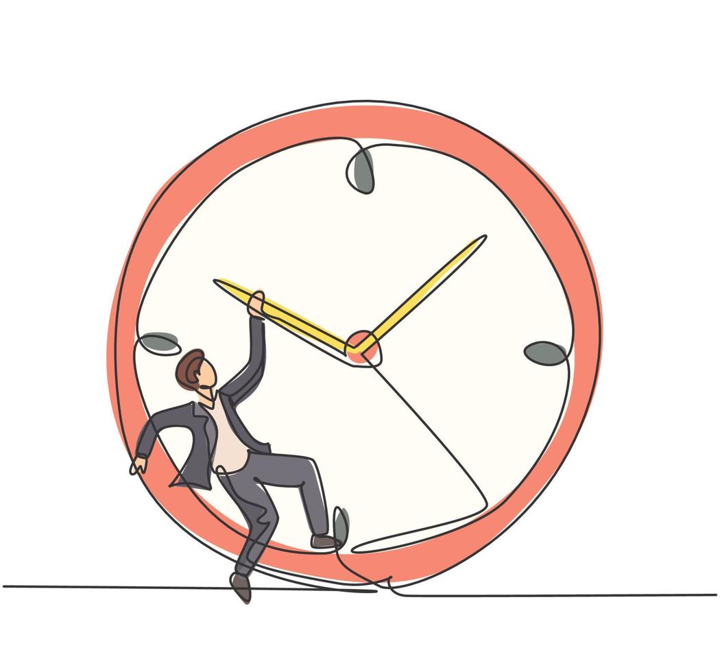 Single one line drawing of young business man hanging on clockwise of giant analog clock. Business time discipline metaphor concept. Modern continuous line draw design graphic vector illustration