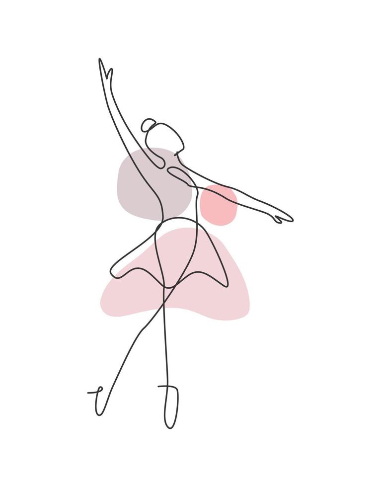 Single continuous line drawing ballerina in ballet motion dance style. Beauty minimalist dancer concept logo, Scandinavian poster print art. Trendy one line draw design graphic vector illustration