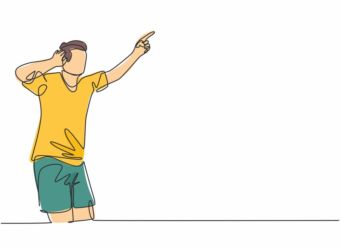 Single continuous line drawing of young sporty football player holding his ears with hands on field after scoring goal. Match soccer goal celebration concept one line draw design vector illustration