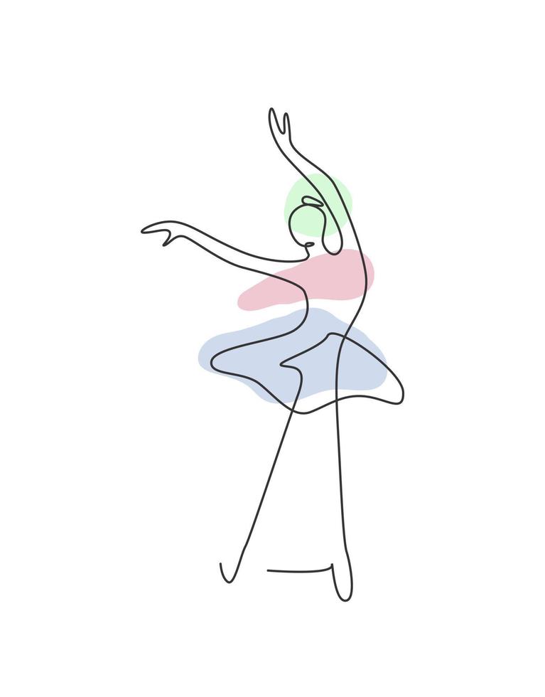 One single line drawing sexy woman beauty ballerina vector illustration. Pretty ballet dancer shows dance motion concept. Minimalist wall decor poster print. Modern continuous line graphic draw design