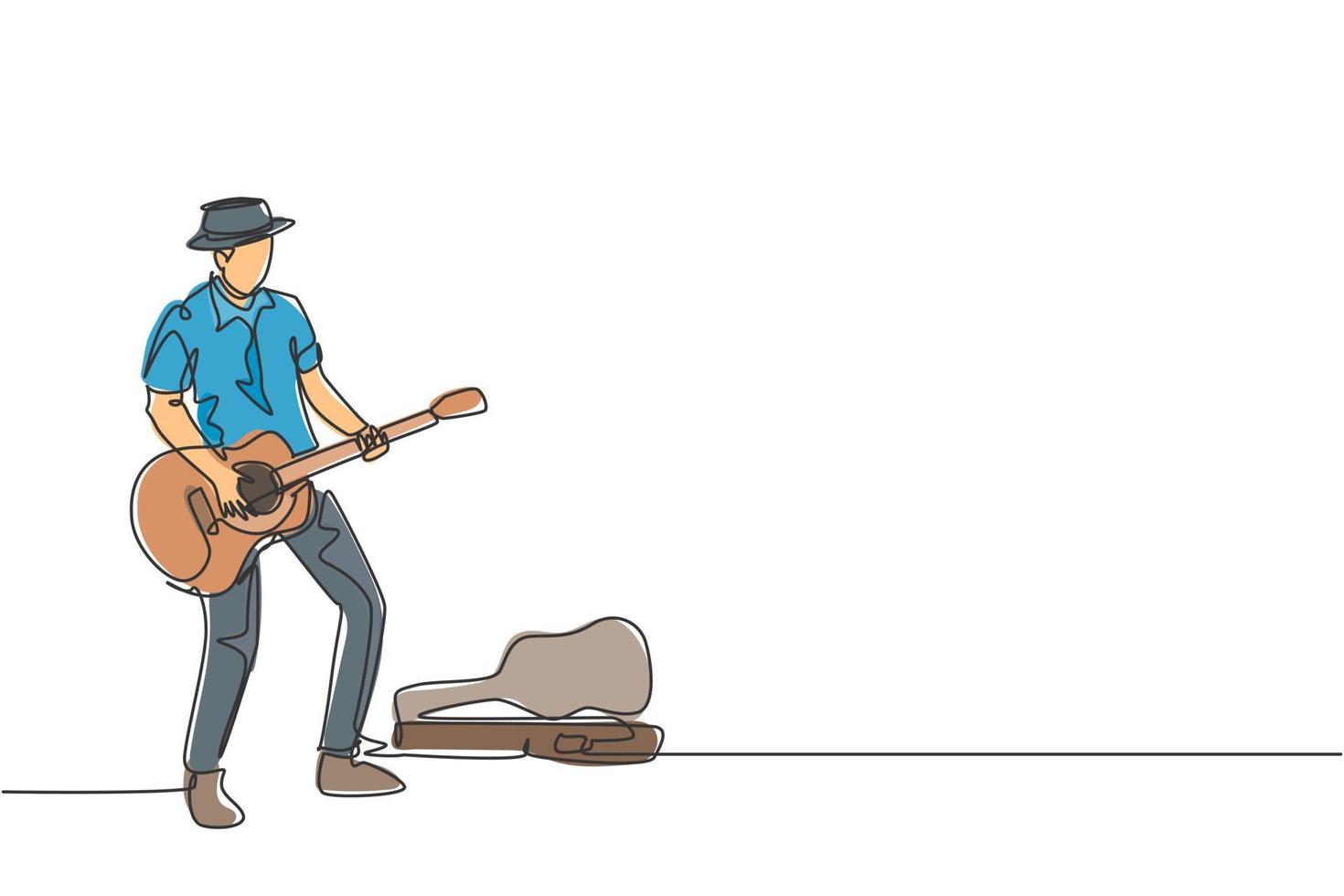 One continuous line drawing of young happy male guitarist standing and busking by playing guitar on city road. Street musician artist performance concept single line draw design vector illustration