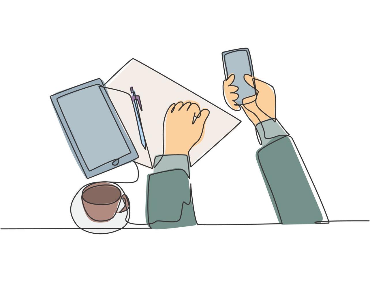 Single continuous line drawing of hand gestures holding and touching smartphone screen with a cup of tea, piece of paper and tablet on the desk. Gadget concept one line draw design vector illustration