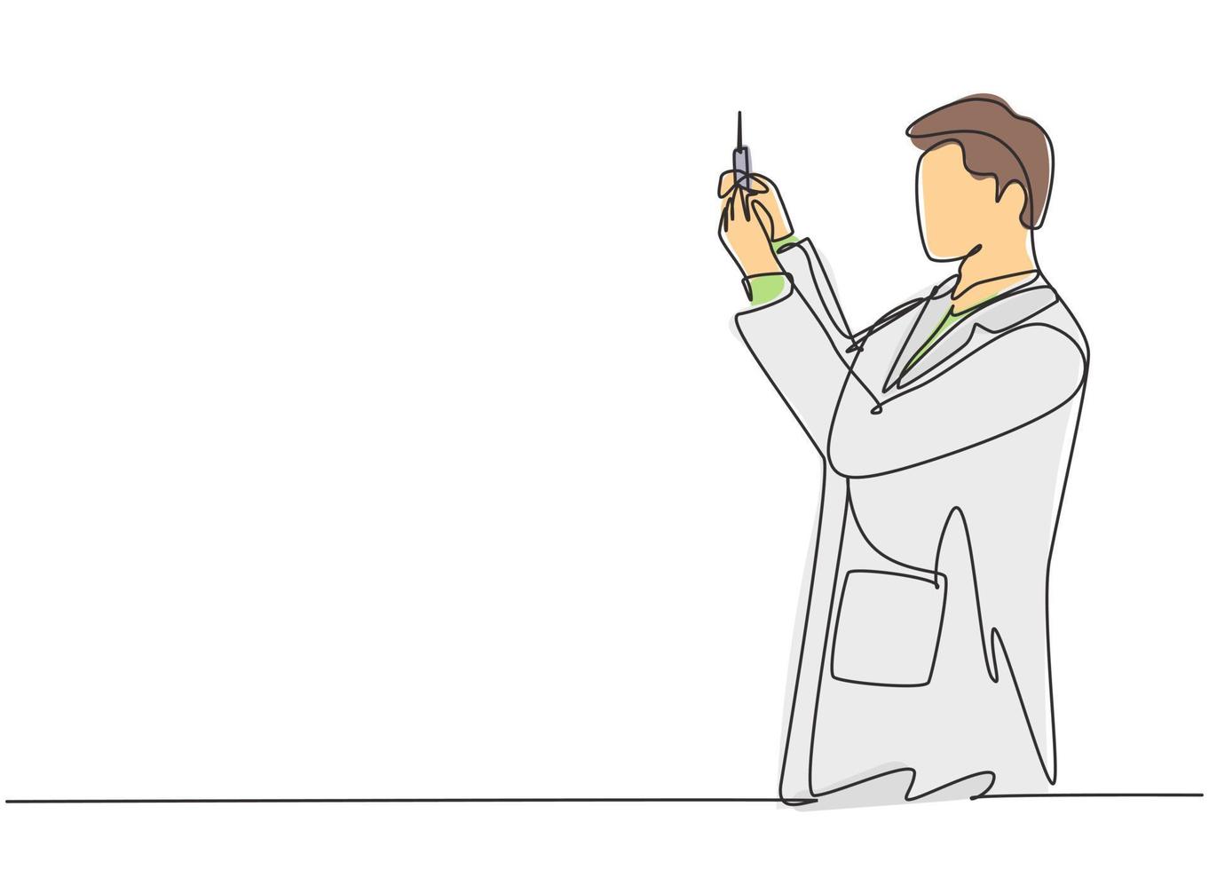 Single continuous line drawing of male doctor measure proper dose about covid vaccine injection for the sick patient. Coronavirus medical treatment concept one line draw design vector illustration
