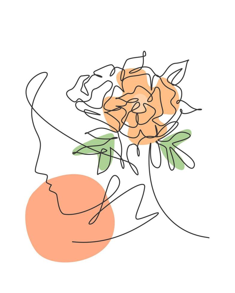 One continuous line art drawing minimalist woman portrait with flowers. Beauty contour abstract face poster wall art print design concept. Dynamic single line draw design graphic vector illustration