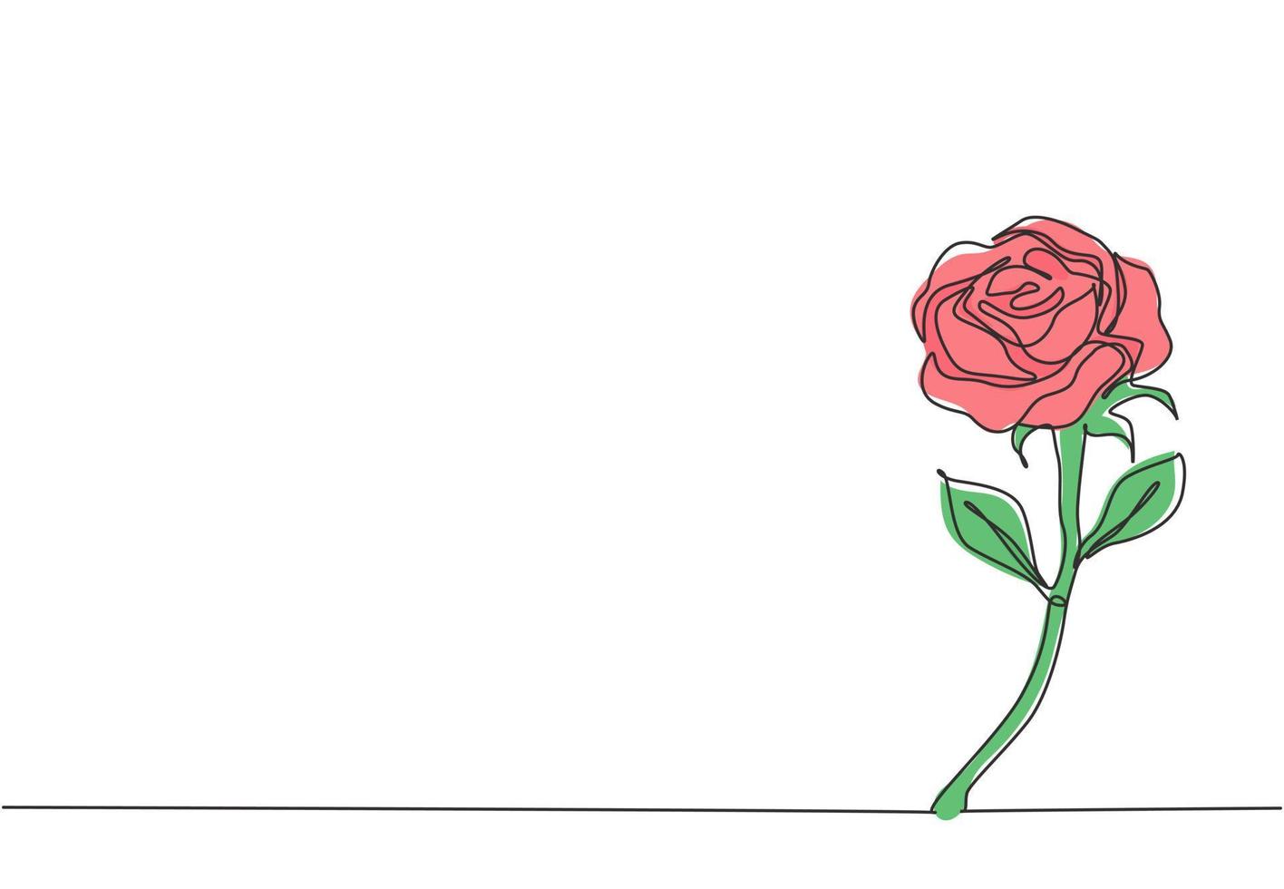 un dibujo de una sola línea de una hermosa flor rosa romántica fresca. tarjeta de felicitación, invitación, logotipo, banner, concepto de cartel. Gráfico de ilustración de vector de diseño de dibujo de línea continua dinámica