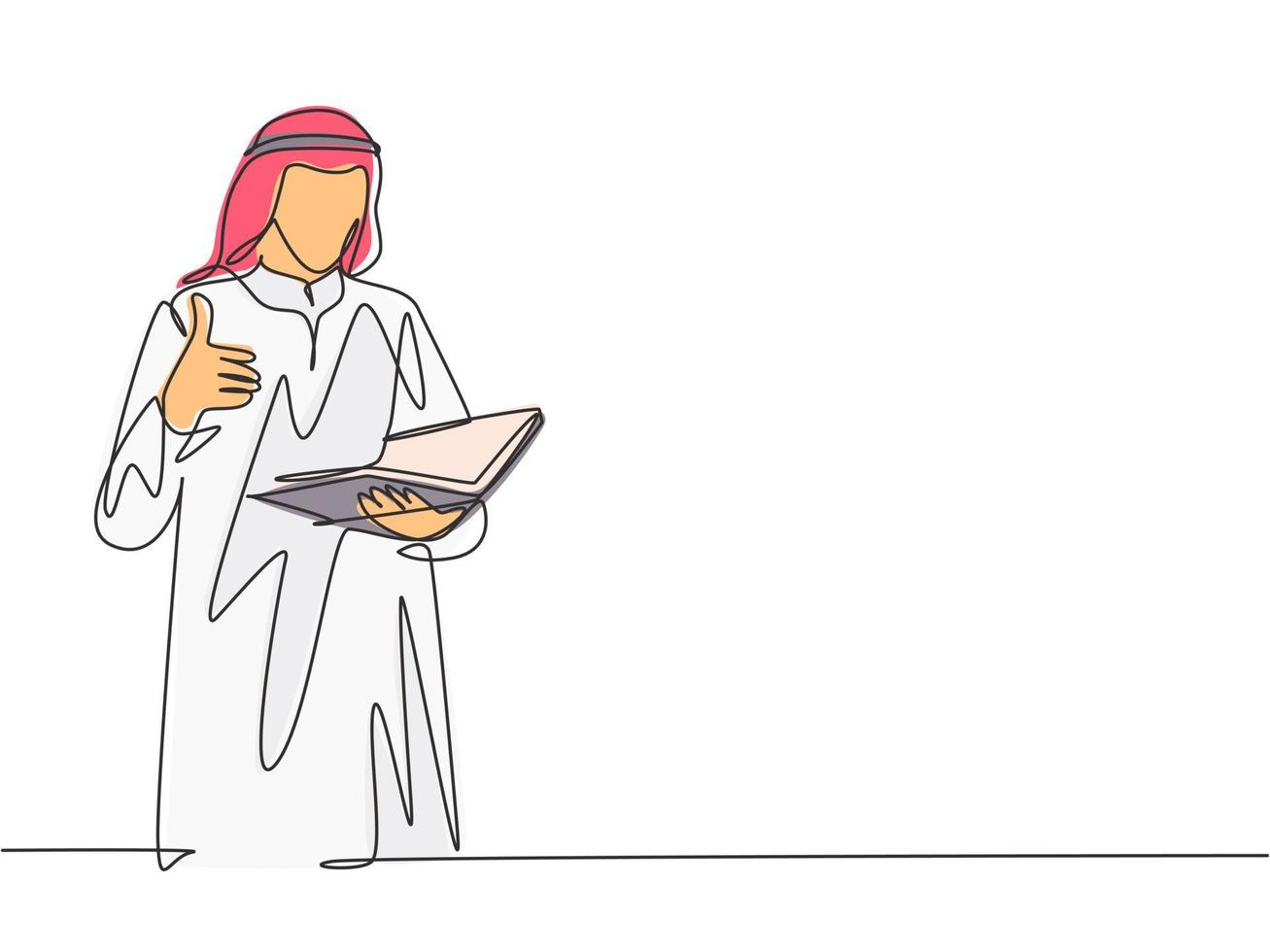 un dibujo de una sola línea de un joven empresario musulmán dando pulgares hacia arriba mientras lee un libro. tela de arabia saudita kandora, pañuelo en la cabeza, ghutra. Ilustración de vector de diseño de dibujo de línea continua