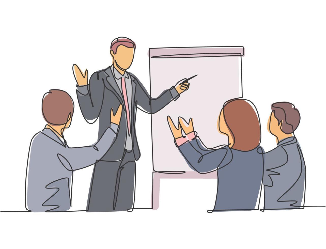 Single continuous line drawing of young happy business trainer presenting great lesson and clapped by the audience during meeting. Team training concept. Trend one line draw design vector illustration